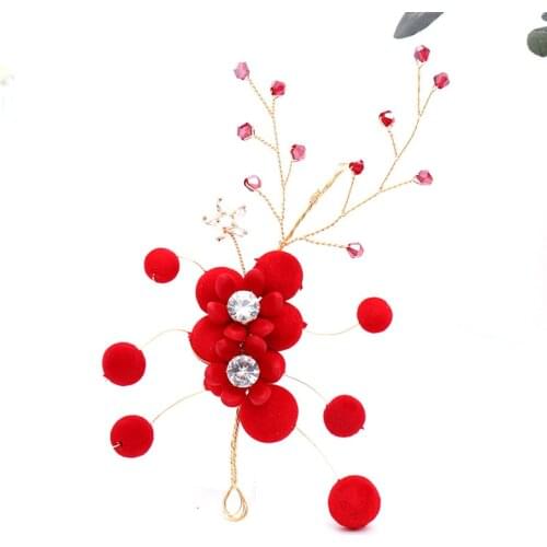 Original Bridal Red Flower Korean Red Faux Pearl Headwear Children Perform Headdress Bride Wedding Accessories LB