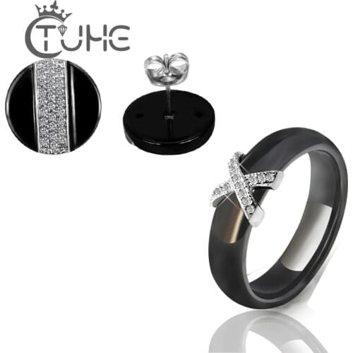 Hot Black White Ceramic Earrings Fashion Jewelry Set For Women Good Quality Rings & Stud Earrings Set Crystal Elegant Party Gift