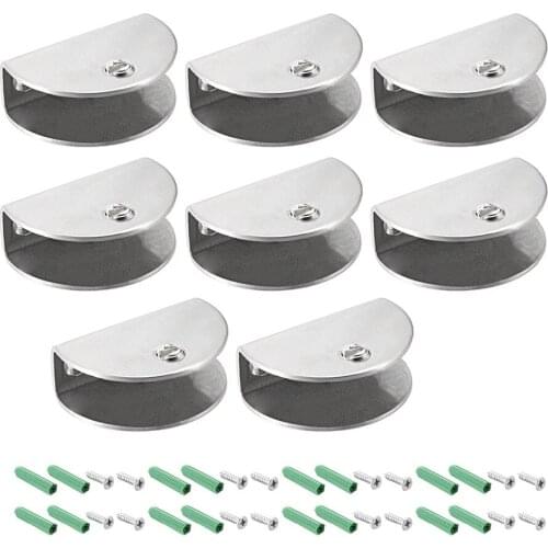 Uxcell 8pcs Adjustable Stainless Steel Glass Clamp Clip Holder Rectangle Half Round Glass Shelf Brackets for 5-14mm thickness
