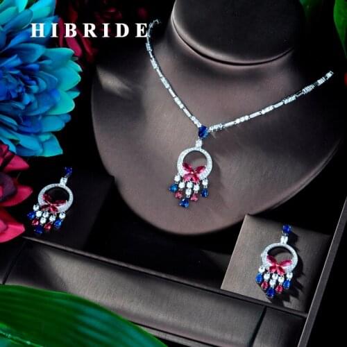 HIBRIDE Luxury White gold Color Colorful Cubic Zircon Pendant Women Jewelry Set For Bridal Party Accessories Jewelry Gifts N-932