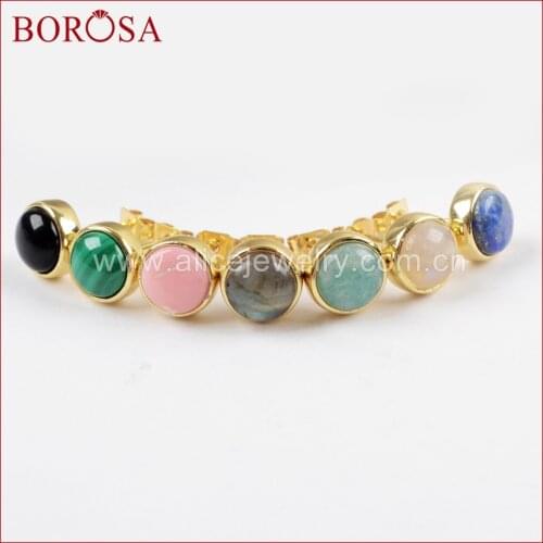 BOROSA 5/10Pairs Gold Color Bezel 7mm Round Multi-kind Stone Stud Earrings, Natural Stone Stud Earring Jewelry for Women ZG0283