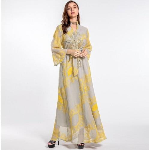 Middle East Abaya Muslim Ethnic Womens Sequin Burnt Flower Evening Dress Big Swing Dress Dubai Long Woman Evening Dress