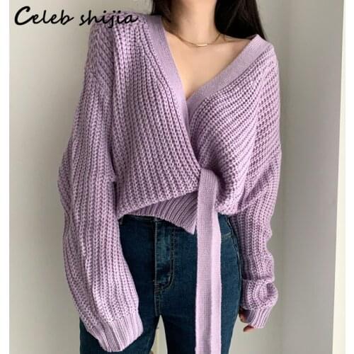 SHIJIA Purple Cross Sweater Woman V-neck Autumn Winter 2021 Long Sleeve Knitted Jumper Woman Fall 2021 Korean Fashion Sexy Knit