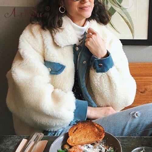 ArtSu Wool White Cropped Jacket Streetwear Women Patchwork Warm Long Sleeve Single Breasted Thick Coat Lady Winter Casual Jacket