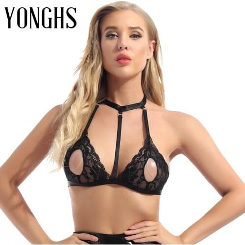 Womens Lingerie See-through Lace Bra Tops Unlined Wireless Ladies Halter Neck Strappy Hollow Out Lingerie Brassiere Underwear