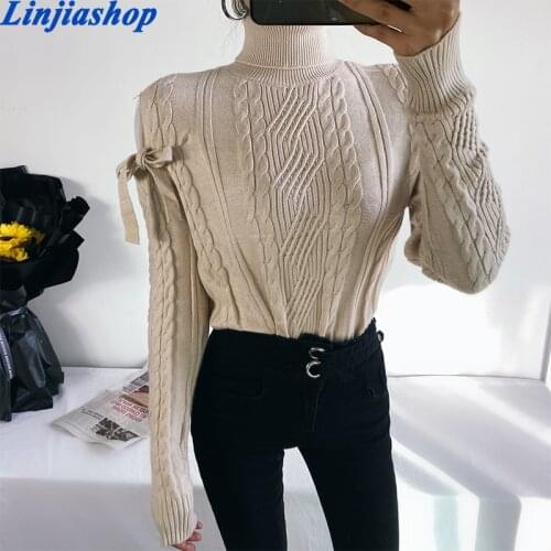 Spring Autumn New Fashion Casual Turtleneck Bow Long Sleeve Solid Color Knitted Pullover Sweater Women