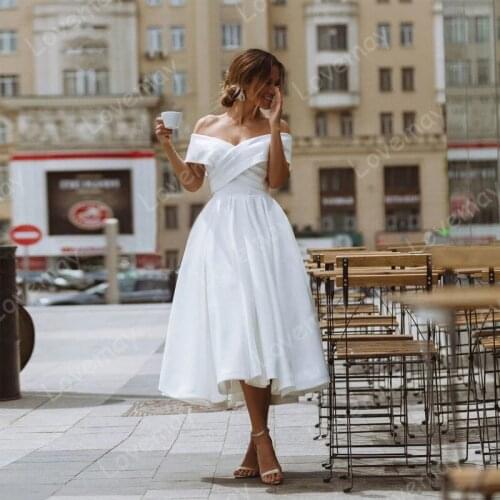 Tea Length Short Wedding Dress for Women Off the Shoulder V Neck A-Line Satin Bridal Gown Vestido De Novia Robe Mariage