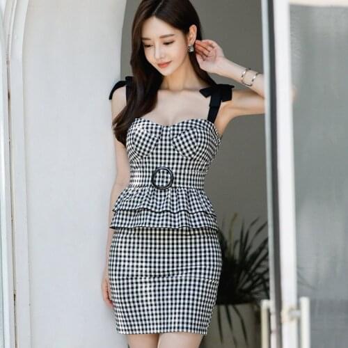 Plaid Print Summer Bodycorn Dress Women Bow Spaghetti Strap Mini Dress Warp Slim Office Lady Sexy Party Dress Plus Size B054