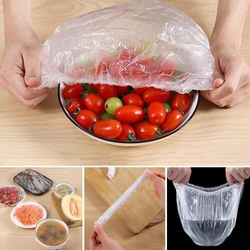 100pcs Disposable Food Cover Plastic Wrap Elastic Food Lids For Fruit Bowls Cups Caps Storage Kitchen Fresh Keeping Saver Bag