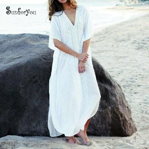 2021 Cotton Long Beach Dress Beach Cover up Sarong Bikini Cover up Tunicas Playa Mujer Pareos Beach Swim suit cover Up