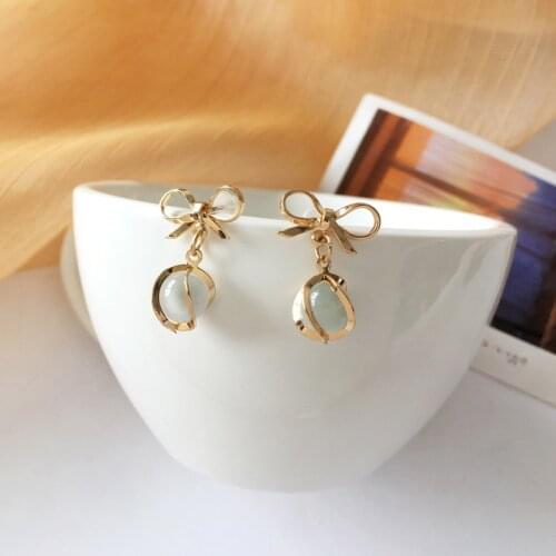 Girls Beautiful Opal Cute Designer Earrings Bowknot Simple Aesthetic Drop Earrings