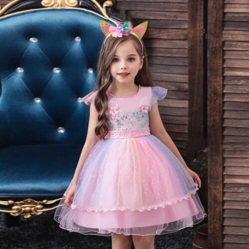 FOCUSNORM 0-5Y Summer Toddler Girls Party Dress 5 Colors Lace Fly Sleeve Flowers Sequined Lace Patchwork Knee Length Tutu Dress