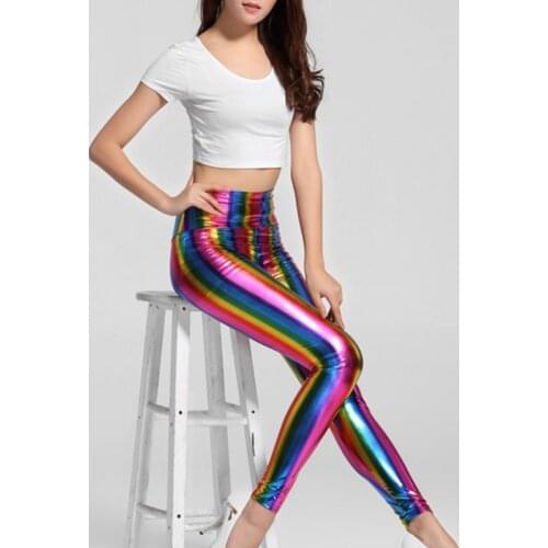 Womens Hologram Metallic Rainbow Leggings Glitter Neon Tights Stripes Printed High Waist Yoga Pants Faux Leather Party Clubwear