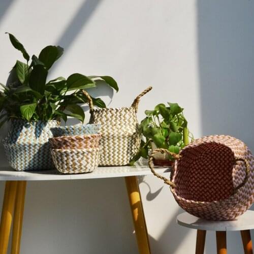 Macrame Straw Patchwork Striped Wicker Storage Baskets Rattan Handmade Collapsible Laundry Basket Rieten Mand Boho Decoration