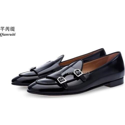 Qianruiti Men Moccasins Double-Monk Loafers Metal Buckle Strap Slippers Slip on Flats Casual Shoes Party Wedding Shoes