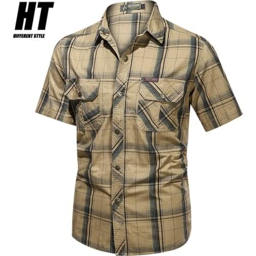 Brand Men Shirts Casual Turn-down Collar Gingham Shirts Men 100% Cotton Short Sleeve Tops Comfortable Classic Quality Shirt Men