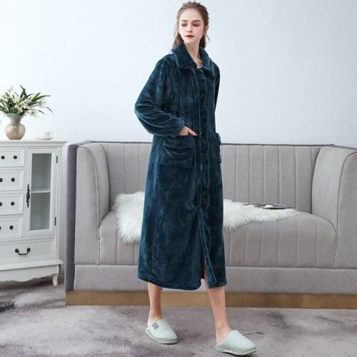 Nightdress Women Autumn and Winter Thickening and Lengthening Bathrobe Turn Down Collar Solid Color Robe De Chambre Femme