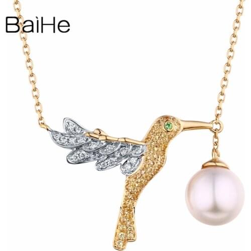BAIHE Solid 18K White+Yellow Gold H/SI 0.08ct Natural Diamonds Women Trendy Fine Jewelry Beautiful bird diamond pearl Necklaces