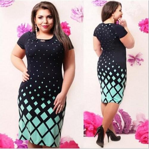 Summer Round Neck Short Sleeve Plus Size Square Printing Dress for Women Fashion Casual Simple Knee-length Dresses for Female