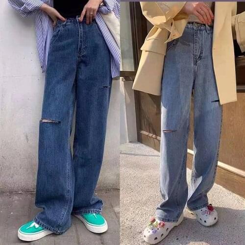 Ripped jeans women pants high waist loose wide leg trousers baggy jeans women blue pants ripped skinny jeans for teen girls