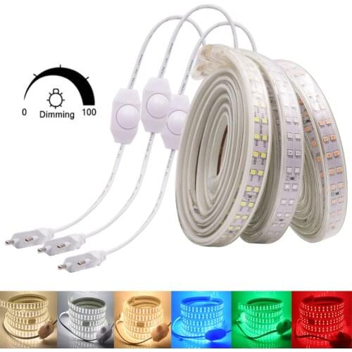 220V LED Strip Light with Dimmer Double Row 2835 180Leds/m Flexible LED Tape Waterproof Ribbon Rope for Home Decoration EU UK