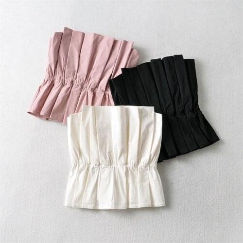 TRAF Women 2021 Fashion Sexy Off Shoulder Solid Color Elastic Pleat Short Blouse Strapless Crop Summer Tops Streetwear