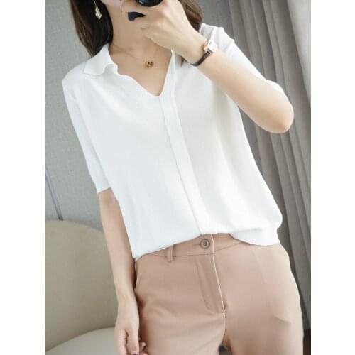 Pure cotton T-shirt women 2021summer new POLO collar sweater half sleeve casual solid color pullover large size knitted top tees