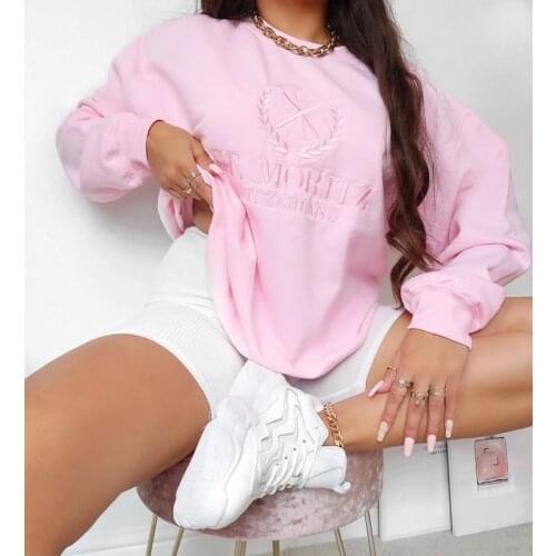 Women Hoodies Pink Sweatshirts Autumn 2021 Harajuku Casual Vintage Embroid Long Sleeve Letters Print Oversized Pullovers Tops