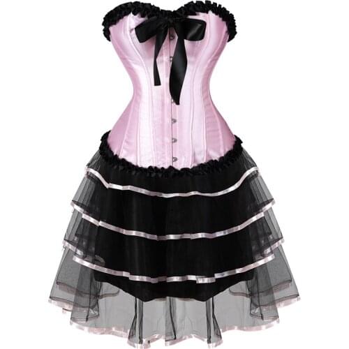 Corset Dress Bustier with Lace Up Corsets Overbust Costumes Ladies Victorian Sexy Corset Skirt Top Pink Green Red corsage erotik