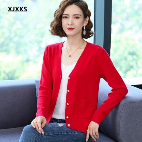 XJXKS Fashion V-neck Single-breasted Women Sweater Jacket Fall 2021 New Fashion Pocket Women Wool Cardigan