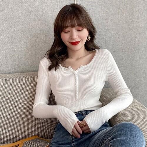Nice Soft Women Knitted Pullover Thin O-Neck Solid Long Sleeve Ladies Jumpers Slim Elastic Female Pullovers with Buttons Sweater