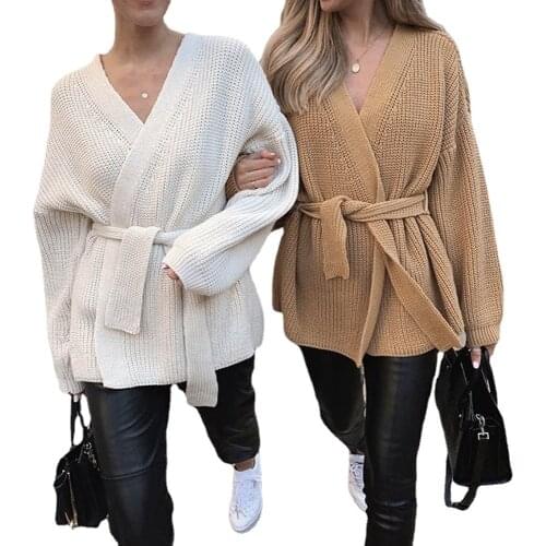 2021 winter new long sleeve lace up sweater cardigan Womens Loose Warm knitted cardigans autumn streetwear casual clothes
