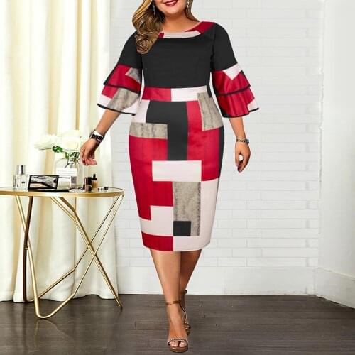 Plus Size Dresses Elegant Christmas Prom Dress 2021 Autumn Geometric Printed Layered Bell Sleeve Evening Party Dress 3XL 4XL 5XL