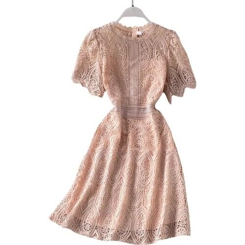 2021 Summer New Women Fashion Dresses Temperament O-Neck Short Sleeve Lace Hollow Out Slim Empire A-Line Female Dresses LJ3107