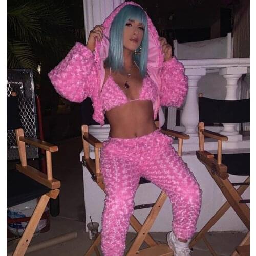 Winter Club Women Rose Velvet Sportwear Trousers Three Piece Set Warm Tracksuit Women Short Sweatshirt Crop Hoodie + Pants Set