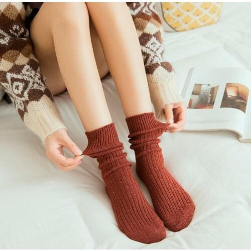 Winter Wool Thicken Warm Socks Women High Solid Long Loose Basics Casual Cotton Japanese Style Harajuku Sox Dark Grey Black Hot