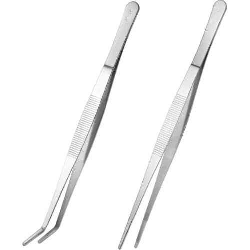 ULTNICE 2pcs Stainless Steel Straight and Curved Nippers Tweezers Feeding Tongs for Reptile Snakes Lizards Spider (Silver)