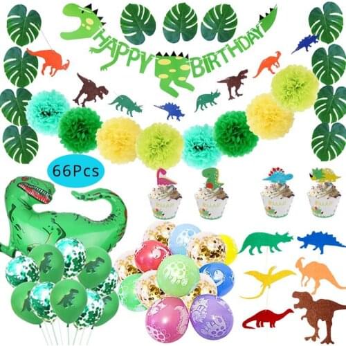 66p balloon happy birthday pull flags backdrop kit boy birthday dino party decoration jungle themed kids roar party supplies