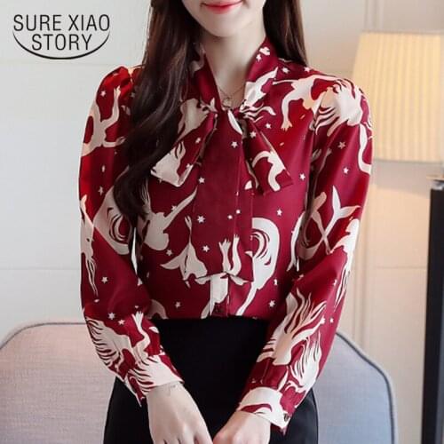 Blusas Mujer De Moda 2021 Fashion Spring Slim Print Women Red Tops and Blouses Long Sleeve Chiffon Ladies Shirts Bow 8372 50