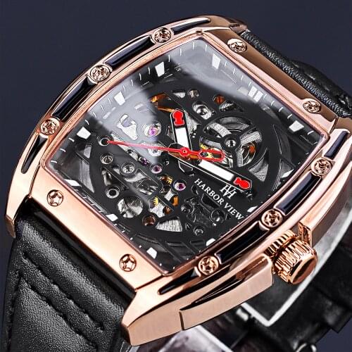 HARBOR VIEW Mens Mechanical Watch Black Military Watches Waterproof Genuine Leather Skeleton Automatic Wristwatch Reloj Hombre
