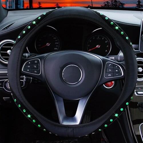 Bling Diamond Car Steering Wheel Cover Breathable PU Leather Auto Steering Wheel Case Crystal Rhinestones Wheel Decor Cover 38cm