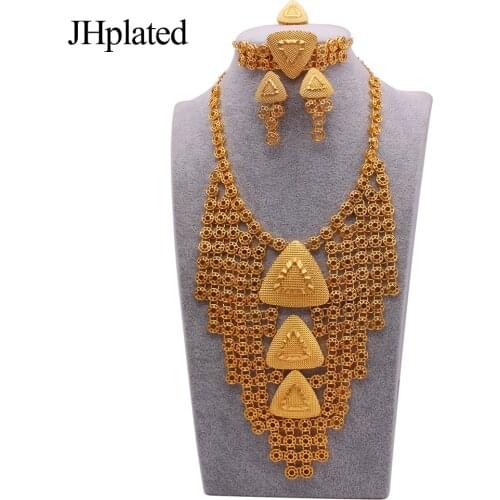 Indian 24K gold plated filled big necklaces earrings bracelets bridal jewelry set gifts Necklace ring jewellery sets for women