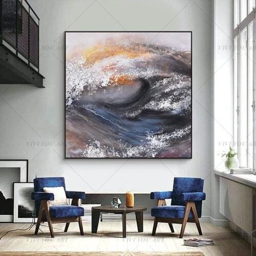 100% Handmade Sea Waves Blue Ocean Abstract Gold Oil Painting for Living Room Modern Painting wall decor picture art Gift