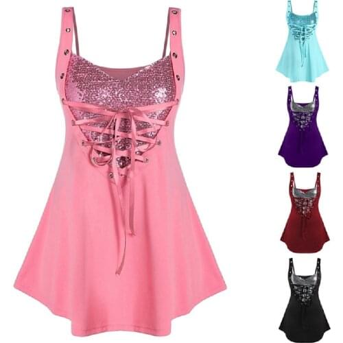 Tank Top Women Sequined Lace Up Rings Crop Tops Summer Ladies Casual Sleeveless Shirts Plus Size Womens Top 2021