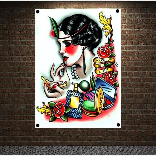 MAKE UP IS LIFE Tattoo Banners Canvas Painting Wall Art Print Posters Home Decor Mural Hanging Flag 4 Gromments in Corners