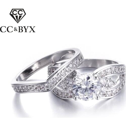 Wide Wedding Ring Set Cubic Zirconia Engagement Rings 2 Pcs CZ Dimond Vintage White Gold color Engagement Woman Ring Set CC228