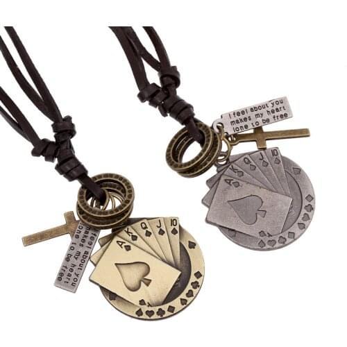 New Ajojewel 100% Handmade Male Delicate Jewelry Cow Leather Necklace Vintage Poker For Men free shipping LKN0034