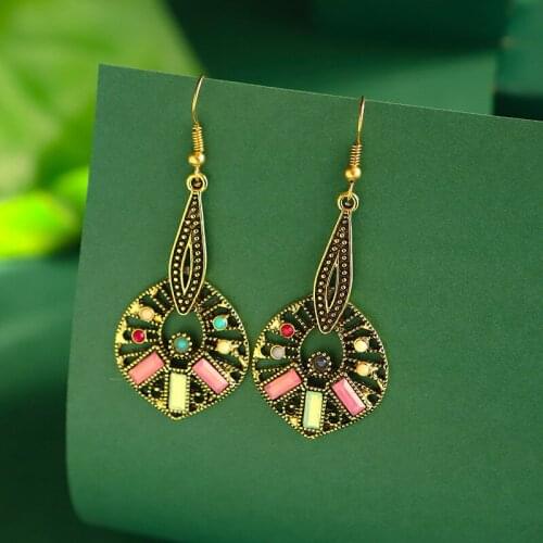 New Summer Boho Pink Crystal Ladies Earrings Oorbellen Ethnic Gold Alloy Geometry Hollow Dangle Earrings