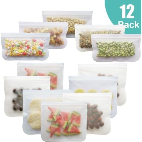 12Pcs/Set Food Bag Frosted PEVA Silicone Food Fresh-keeping Bag Reusable Freezer Bag Zipper Leakproof Top Fruits Lunch Box
