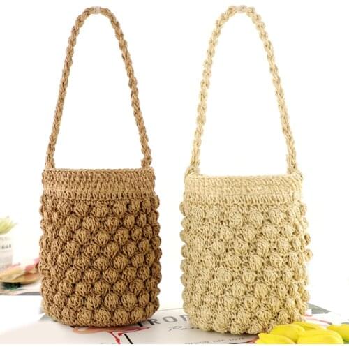 2021 New Summer Straw Shoulder Bags For Women Handmade Drawstring Beach Bags Raffia Rattan Woven Handbags Vacation Shopping Bags